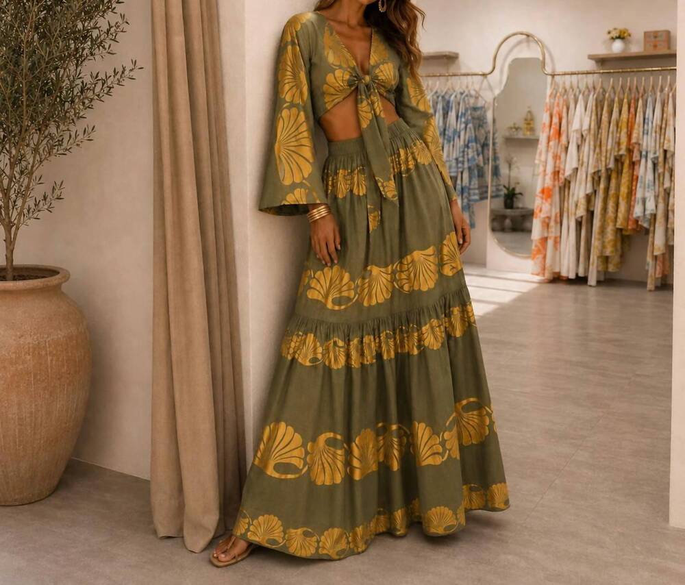 NEW MYSTERY RESORT seashell dreams maxi skirt set in olive